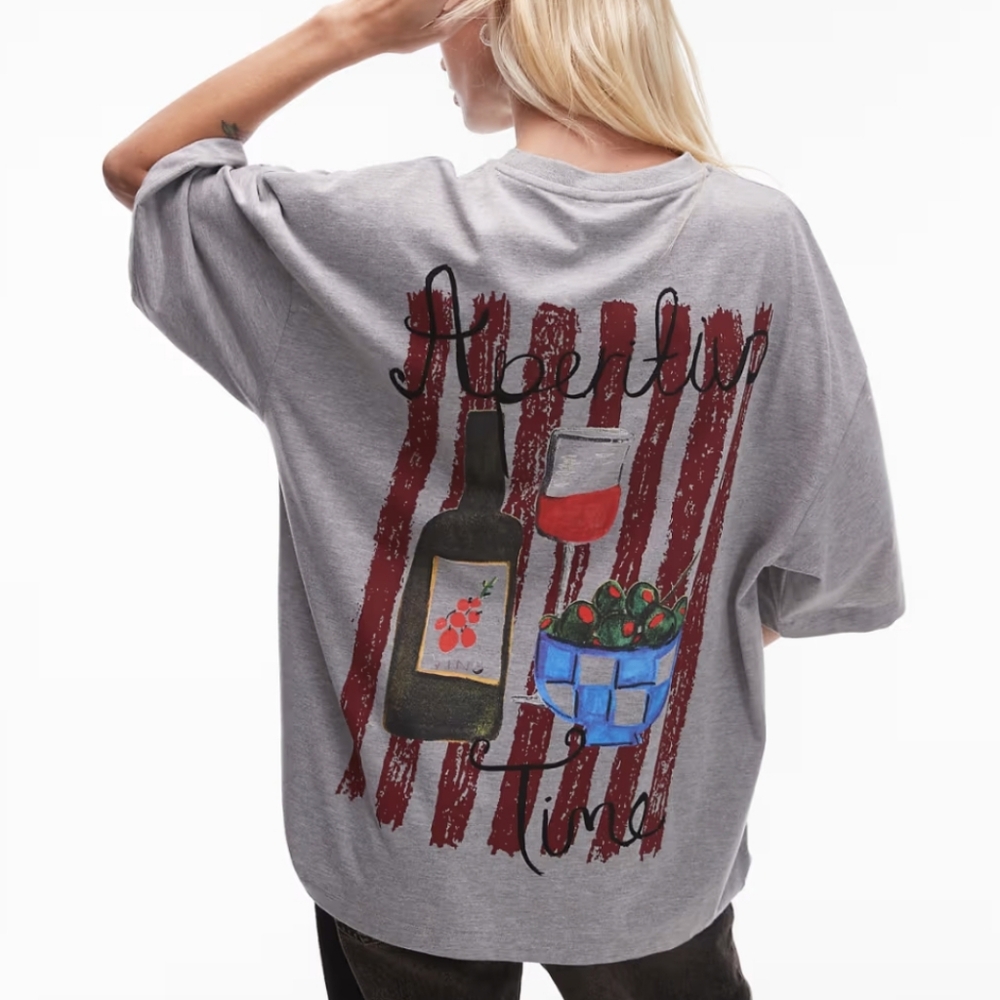 Topshop Heather Gray Boxy Oversized Tee Italy Apertivo Food & Wine Soft Short M